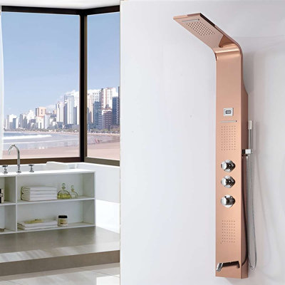 Fontana Rose Gold Stainless Steel Multi-Function Shower Panel with Rainfall Showerhead, Body Jets & Hand Shower