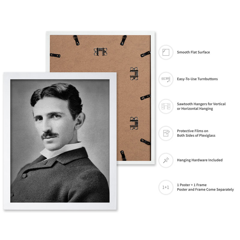 Portrait de Nikola Tesla, H 12 po x l 16 po, Affiche, Encadrement blanc