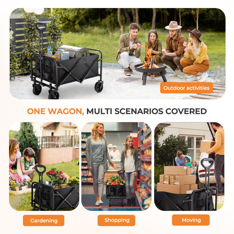 Collapsible Utility Wagon with All-Terrain Wheels & Cup Holders — 220 lb Capacity, Heavy-Duty Folding Cart for Beach, Camping & Shopping