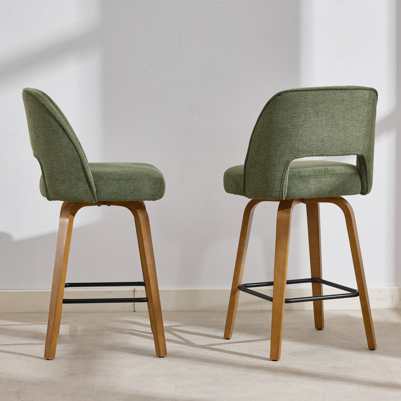 26" Swivel Upholstered Counter Stool with Bentwood Legs and Natural Oak Finish, Moss Green, 4