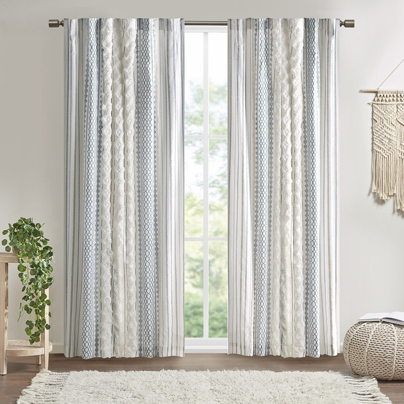 Imani 100% Cotton Printed Boho Single Curtain Panel with Tufted Chenille Stripe and Lining, White/Navy, 50" W x 108" L