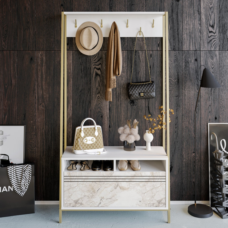 Cesarea Hall Tree with Bench and Shoe Storage, White/Ephesus Gold