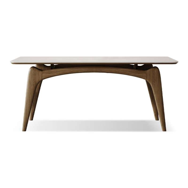 White + Nut-brown Rectangular Sintered Stone + Solid Wood Dining Table, 29.53"H x 62.99"L x 31.5"W