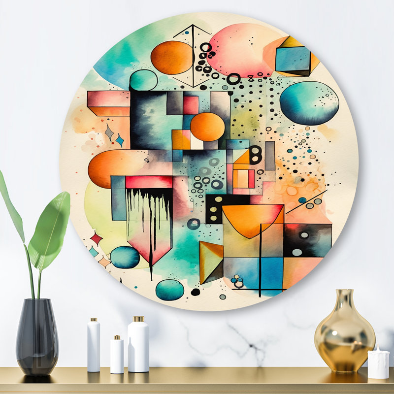 «Blue and Orange Geometric Balance III», art mural rond abstrait géométrique sur métal, H 29 po x l 29 po x P 1 po