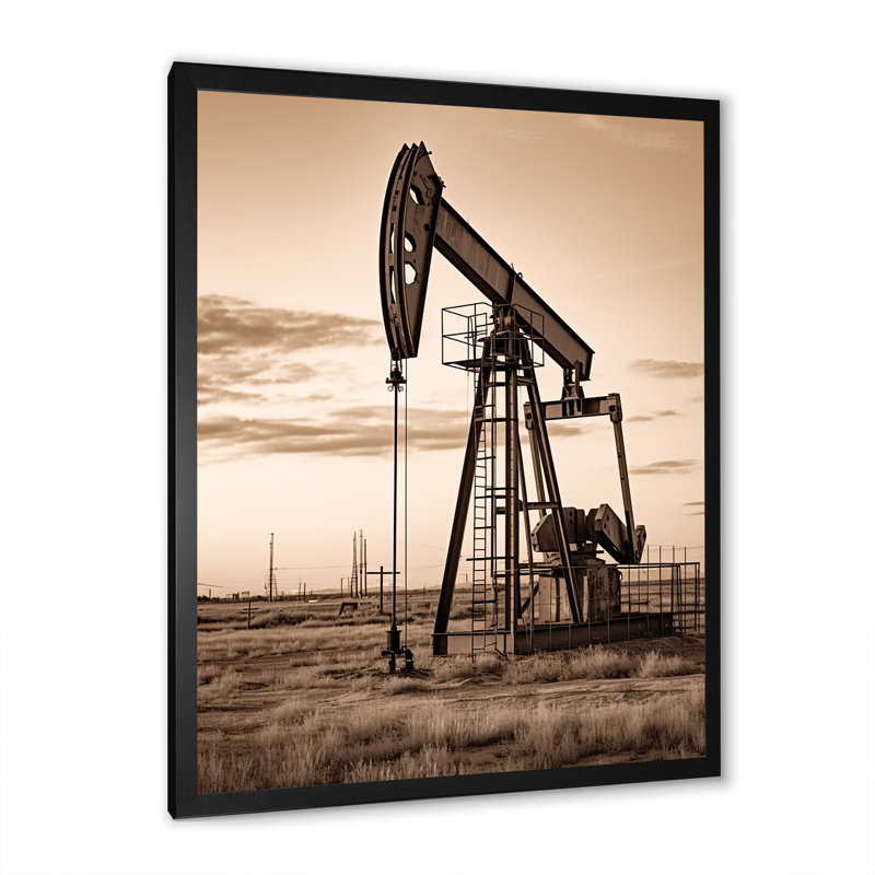 «Sepia Oil Drilling Rig Fields Horizon», reproduction sur toile, Cadre simple noir, H 20 po x l 12 po x P 1 po