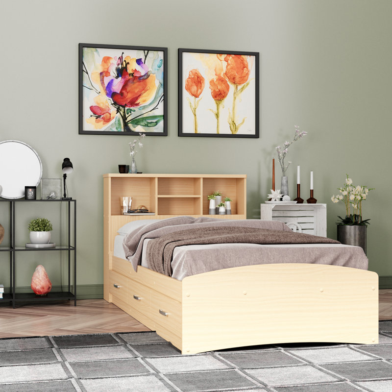 Monira Bed Frame With Storage & Headboard New Design, Twin, Beech