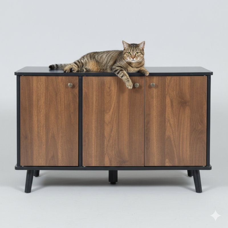 Meuble de rangement pour litière pour chat avec trois portes et prise dissimulée, servant de banc de rangement pour salle de bain, de table d'appoint et de chatière, grande enceinte en bois, noir et noyer