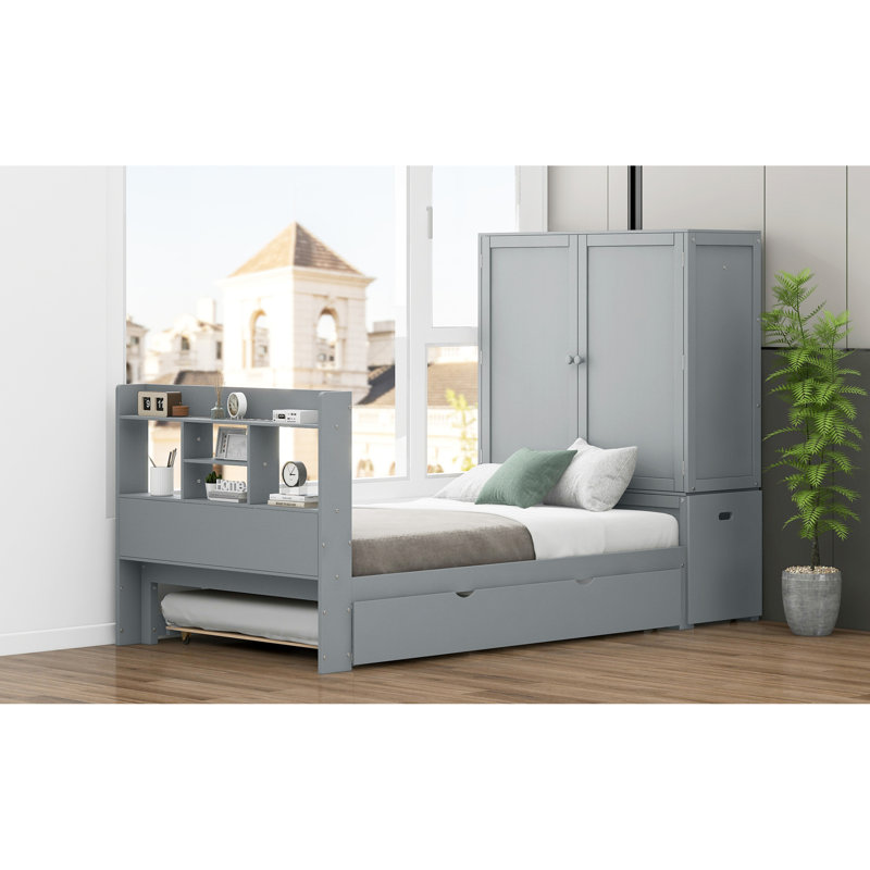 Platform Bed With Pull Out Shelves, Twin, Gray 1, Trundle