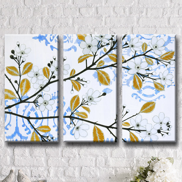 Ikat Cherry Blossom by Norman Wyatt Jr. - 3 Piece Wrapped Canvas Graphic Art Print Set Red Barrel Studio® 