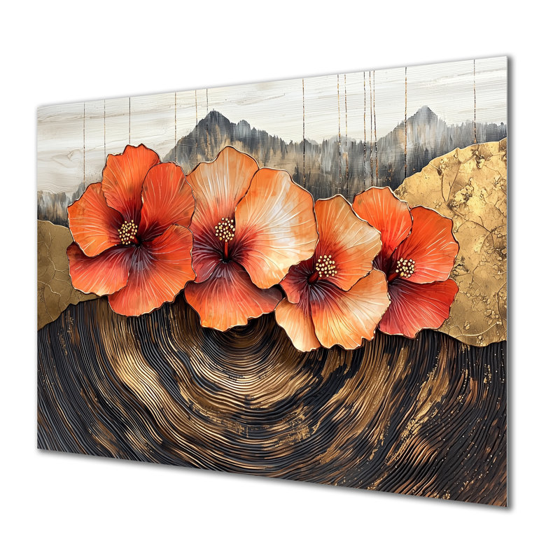 Fleurs d'hibiscus sur un horizon en bois III - Hibiscus, H 12 po x l 20 po