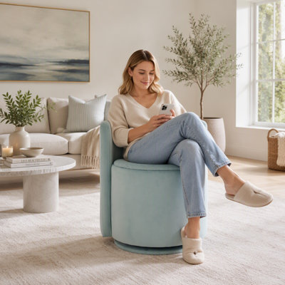 Velvet Swivel Accent Chair, Comfy Barrel Vanity Chair with Curved Backrest and Hidden Storage