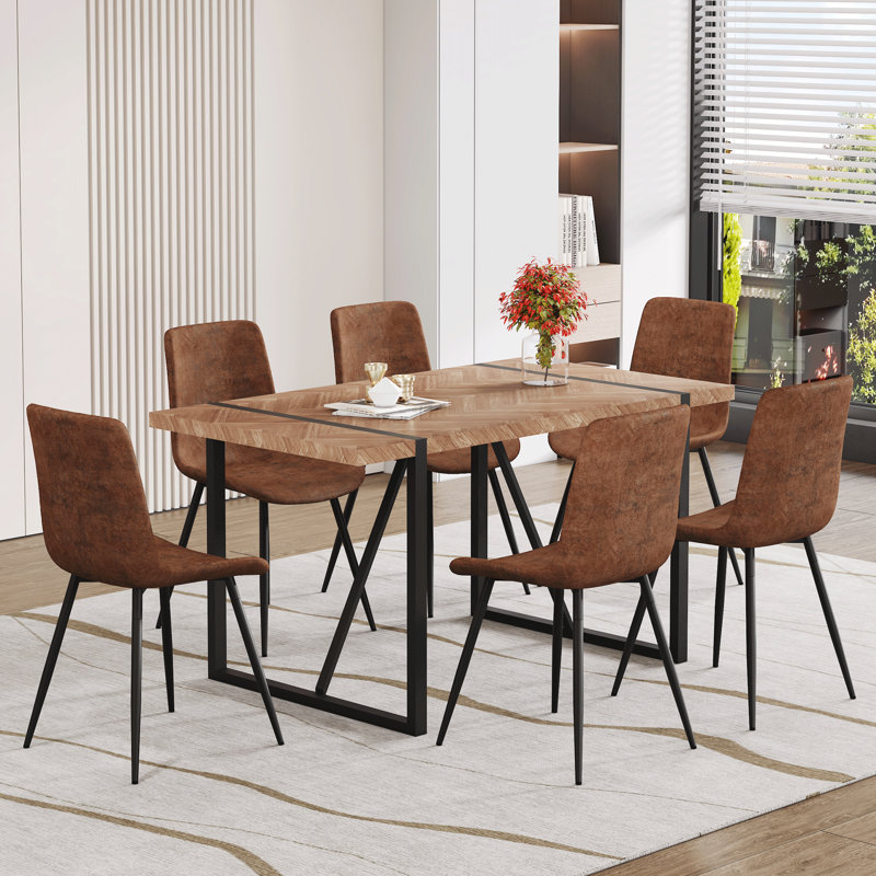 Retro Dining Table Set With Fishbone Pattern And Techno-fabric Chairs