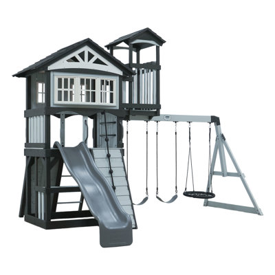 Backyard Discovery Whispering Point Light Gray Cedar Wood Swing Set with Wave Slide, Clubhouse, Crow's Nest, and Play Kitchen