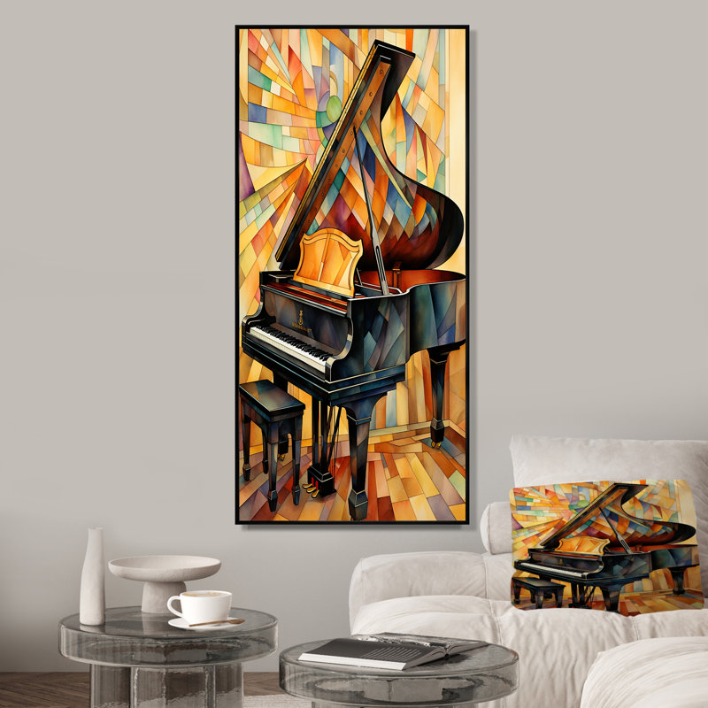 Cubique noir et jaune piano élégance - Piano, art mural, Cadre flottant noir, H 60 po x l 28 po x P 1,5 po
