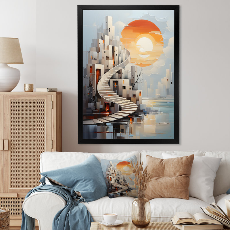 Château solaire surréel - art mural surréalisme, Cadre simple noir, H 44 po x l 34 po x P 1,5 po