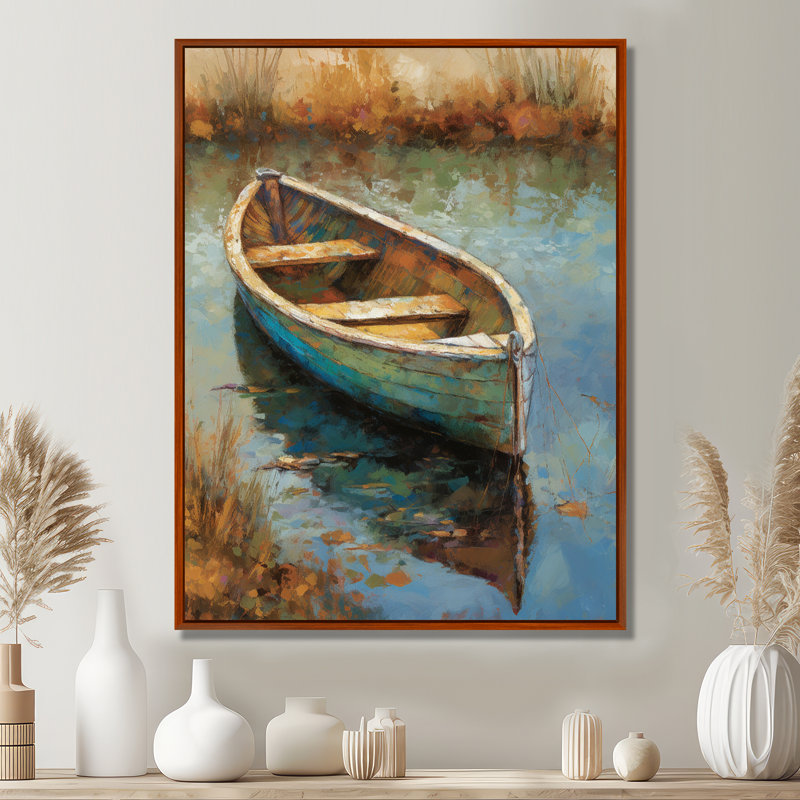 «Lake Serenity Dinghy Boat Resting On The Water I», art mural Lakehouse, H 40 po x l 30 po x P 1,5 po, Cadre flottant brun
