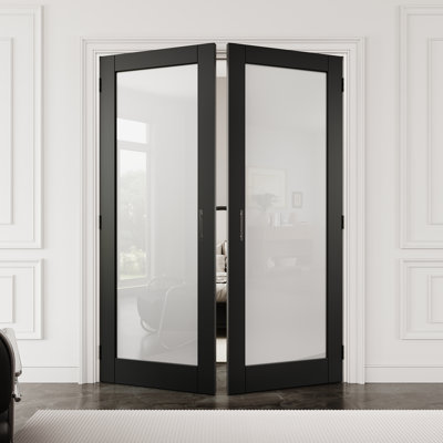 Porte française intérieure en verre givré noir de 1 po de 60 po x 80 po avec quincaillerie noire et poignée à boule, dalle de porte d'intimité en verre, insonorisant et imperméable, combinaison pour la lessive, portes de placard, portes de pièce, assemblage requis