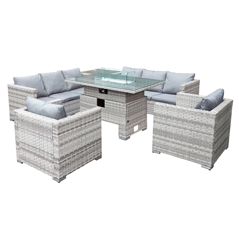 Malta Rattan 8 Seat Rising Firepit Corner Set in Dove Grey