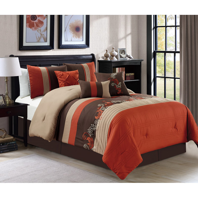 Floral Embroidered Microfiber 7 Piece Comforter Set, Queen Comforter + 6 Additional Pieces, Burgundy/Taupe/Brown
