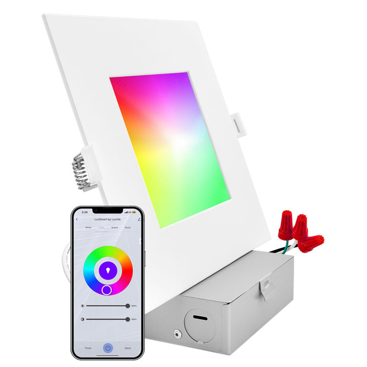 Luxrite 6 Inch Square Smart LED Recessed Lighting, RGBW Colour Changing, Wifi App Control, Voice Control With Alexa And Google Home, No Hub Required, 13W 1000LM, CRI 90, IC Rated, Wet Rated