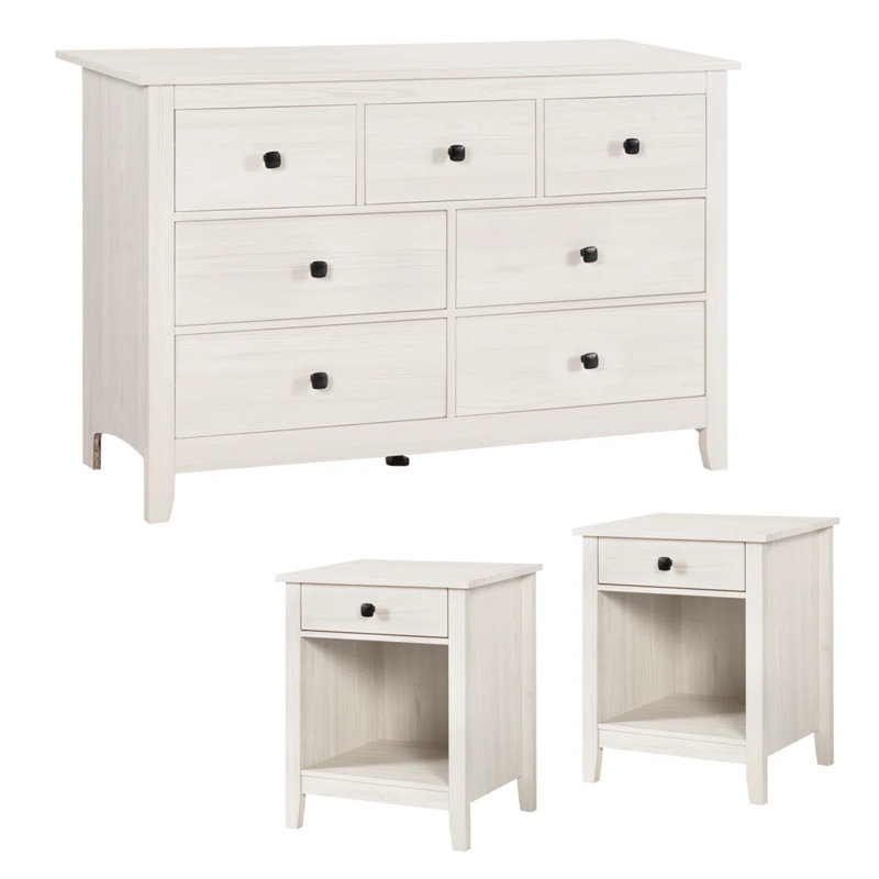 3-Piece 7-Drawer Dresser Set With 2 Nightstands Farmhouse Bedroom Collection, White