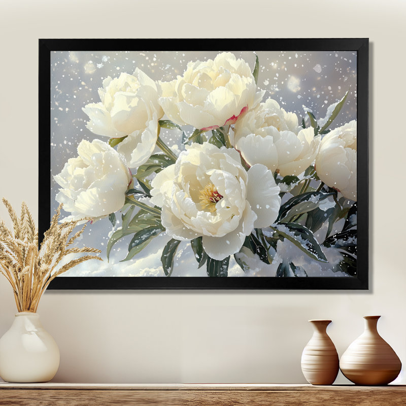 «Snow Draped Peony Blooms I», art mural pivoines pour le salon, H 12 po x l 20 po, Cadre simple noir