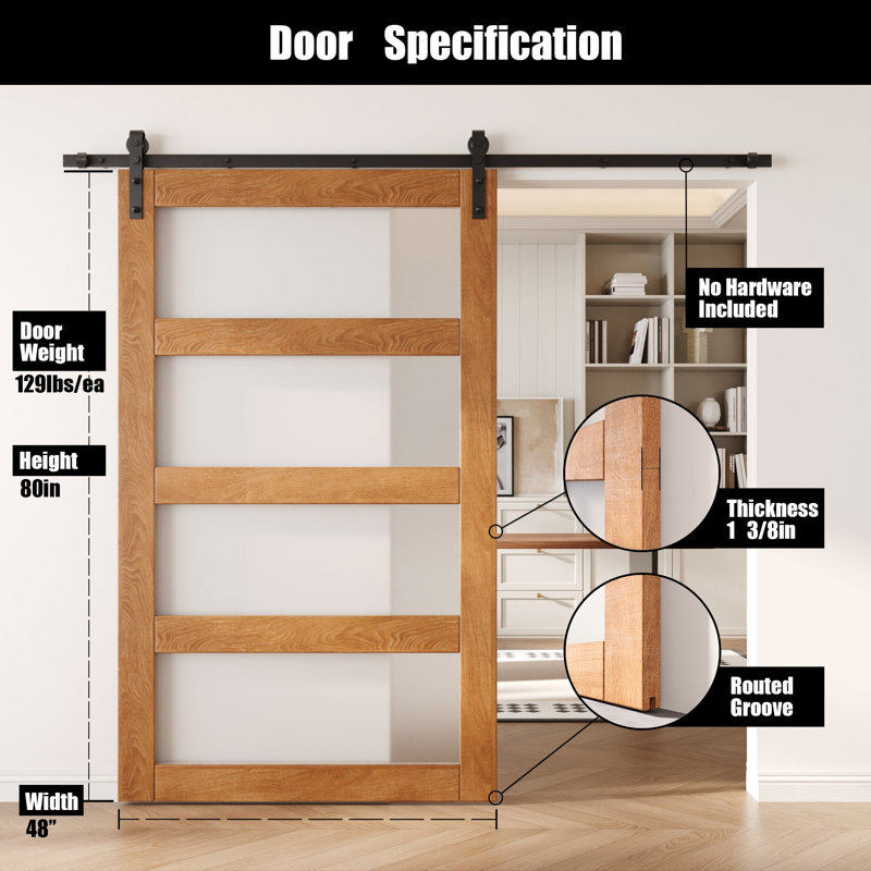 Porte de grange non assemblée et finie en verre à 4 verres de 48 po x 80 po Homacer Early American, usage intérieur seulement