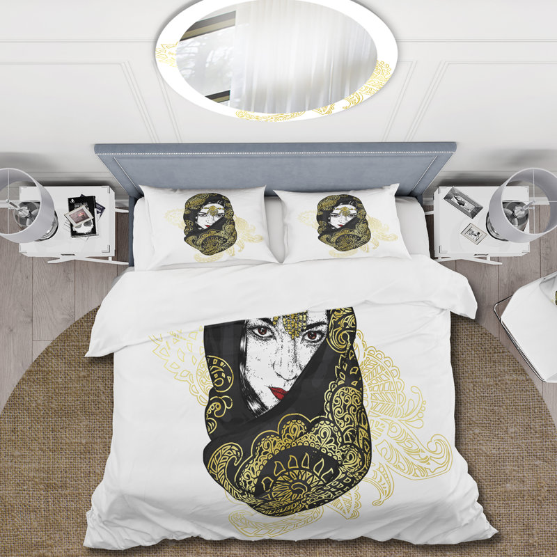 Portrait of Oriental Girl In Scarf - Ensemble de housse de couette moderne - Microfibre de polyester