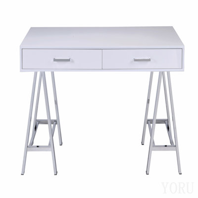 Bureau d'écriture blanc brillant et finition chrome avec USB
