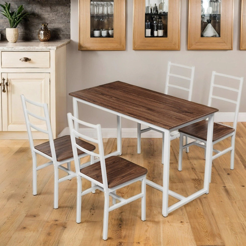 5-Piece Dining Set with Contoured Backrests, Space-Efficient Table & Comfort Seating, Brown/White