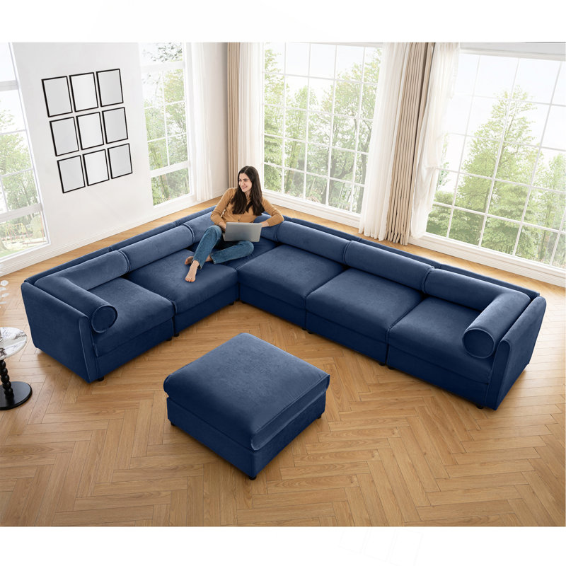 Grand canapé modulaire modulaire avec rangement Canapé modulaire en chenille pour le salon, dossier cylindrique et accoudoirs 6 places, bleu