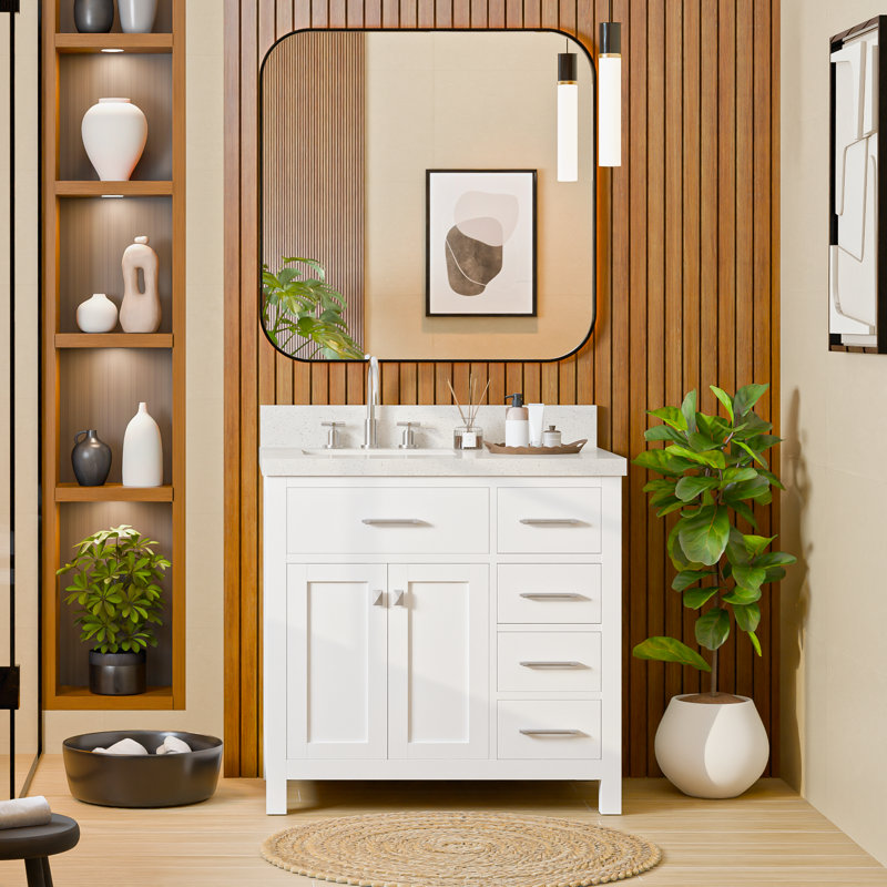 Alfard 36'' Single Bathroom Vanity with Engineered Quartz Top, White, Square, Dazzle White Quartz
