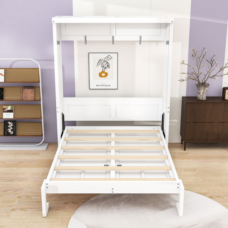 Lit escamotable en bois avec lattes, Lit double, Blanc