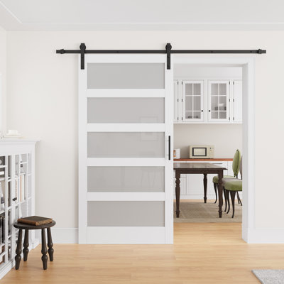 42" × 84" Wood Glass Sliding Barn Door with Finished Surface, Ready to Use All Installation Hardware Kit Included, Can Be Repainted