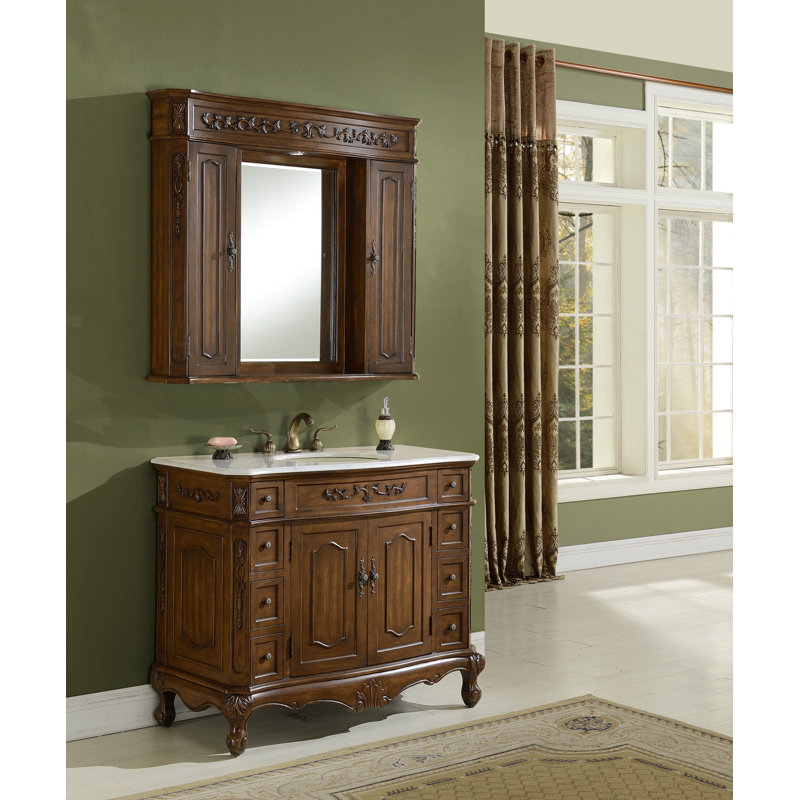 Burnet 42'' Single Bathroom Vanity with Marble Top, Pure White, Teak