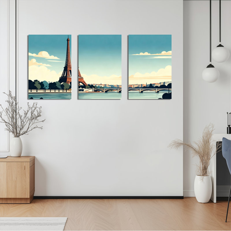 Ensemble de 3 toiles murales représentant la Tour Eiffel et un paysage urbain de Paris, H 18 po x l 36 po