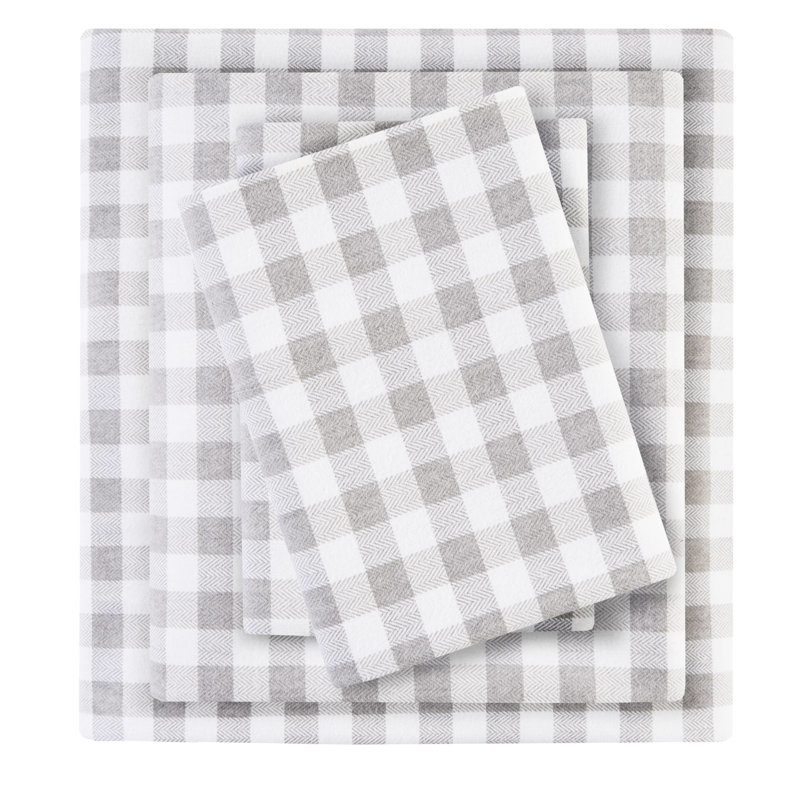 Drap simple TG imprimé, 3 pièces à carreaux gris à chevrons, 100% flanelle de coton, doux et comprend un drap plat, une taie d'oreiller ajustée,