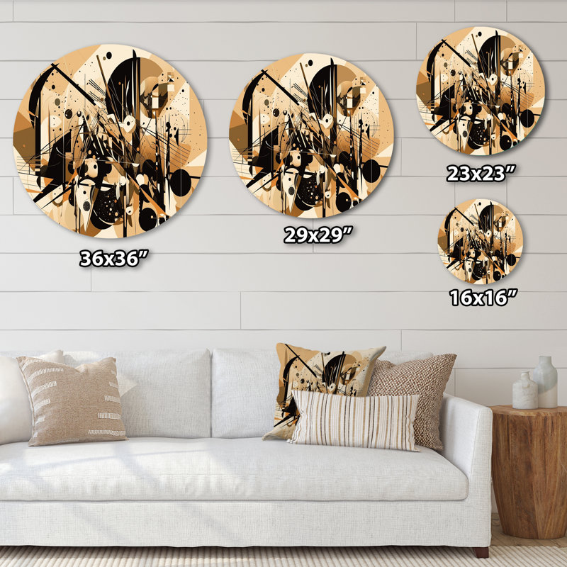 «Black and Beige Wild Shapes», art mural rond géométrique abstrait sur métal, H 36 po x l 36 po x P 1 po