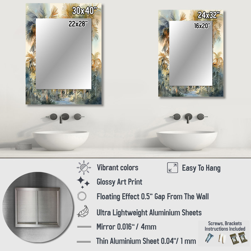Green Palm Tree Paradise III - miroir décoratif Palms, miroir mural traditionnel, impression d'art en métal, 40 po x 30 po