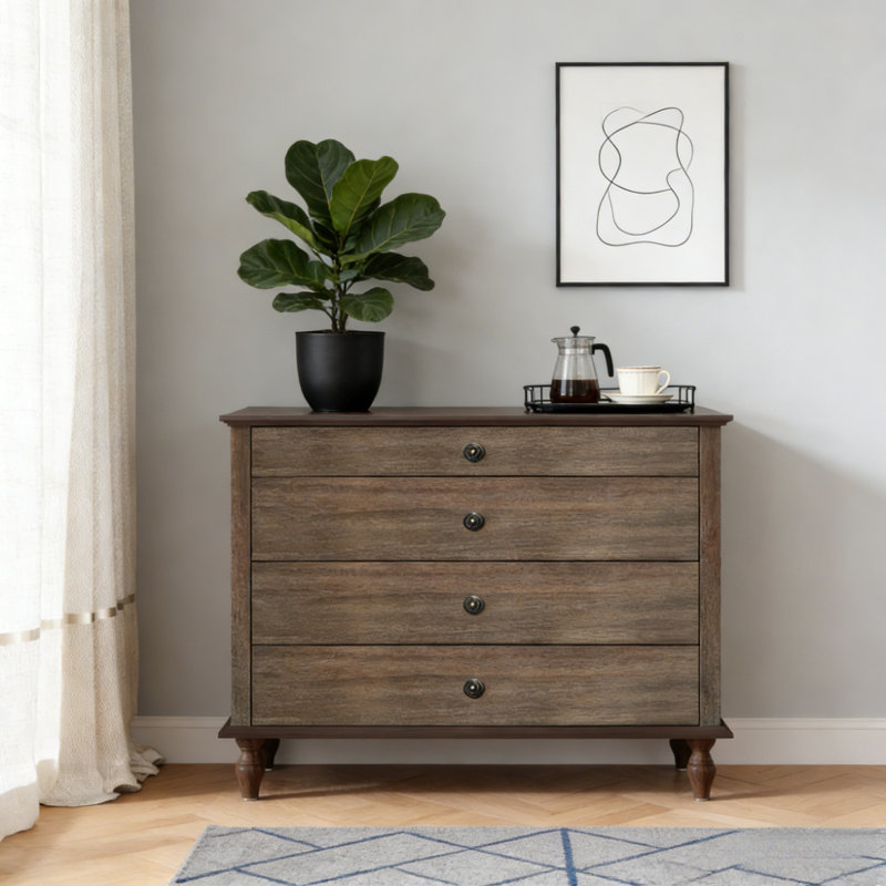 Grande commode à 4 tiroirs avec pied en bois massif, Brun rustique profond