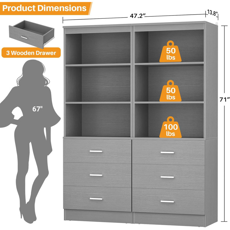 47.2" Closet System with 6 Wooden Drawers, Gray