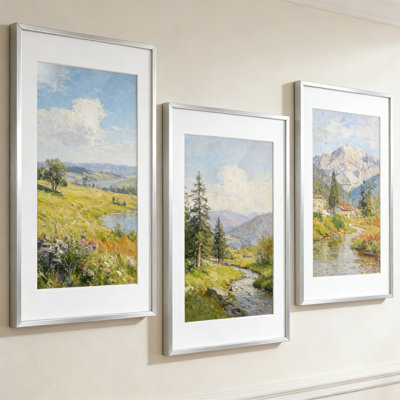 17X24 Picture Frame Set Of 3 With Mat, Satin Silver Metal Poster Frame With Tempered Glass And Wall Hanging Kit, Matted To 13X19 For Photos And Prints