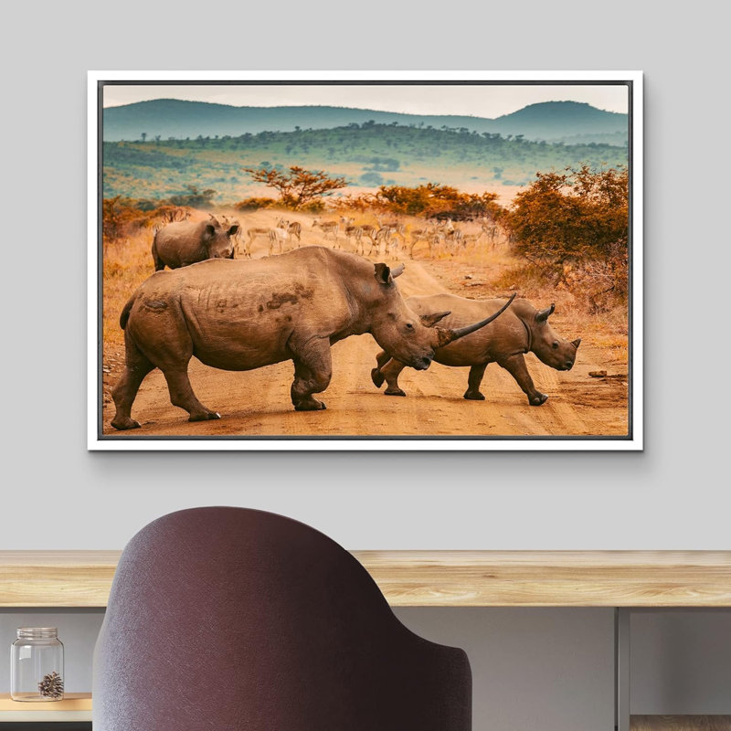Animaux, savane africaine, safari, jungle, rhinocéros, H 16 po x l 24 po x P 1,5 po, Cadre blanc