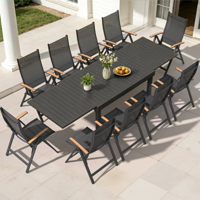 Ensemble de salle à manger pour 10 personnes en aluminium avec table extensible et fauteuils inclinables pliés