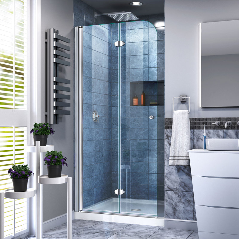 Aqua Fold 32" W x 72" H Frameless Square Hinged Shower Enclosure with Base Included, White, 32 inch W x 32 inch D