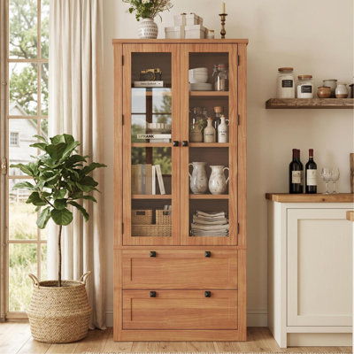 72" Tall Kitchen Pantry Cabinet, Modern Display Storage Cabinet with 2 Large Drawers, Glass Doors, and Adjustable Shelves, Farmhouse Kitchen Cupboard for Dining Room, Bathroom, Living Room, Walnut