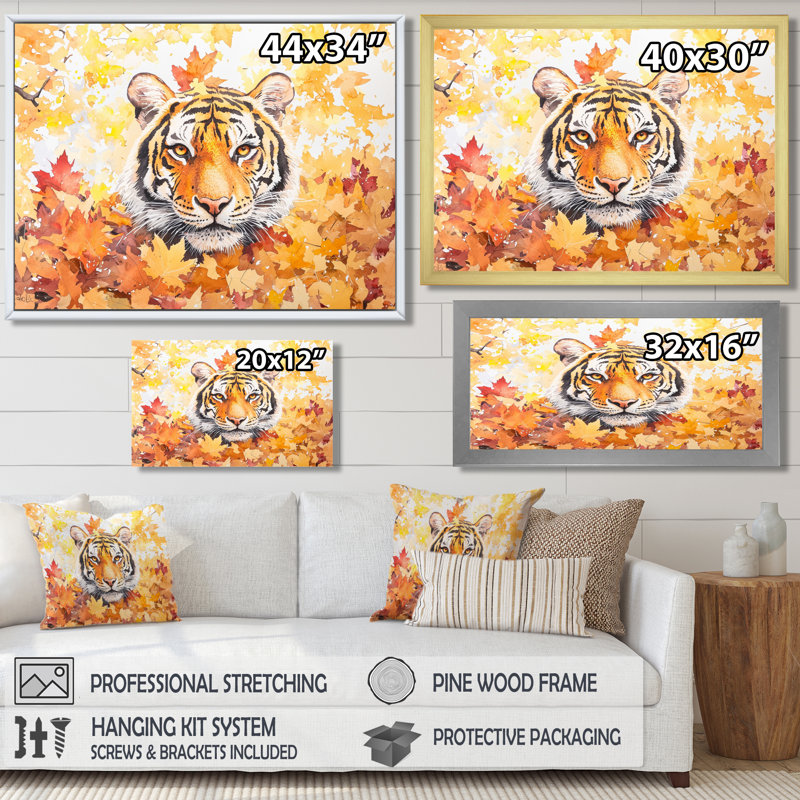 Tigre dans les feuilles d'automne I - tigre, art mural, H 12 po x l 20 po, Reproduction encadrée d'une seule photo sans pass