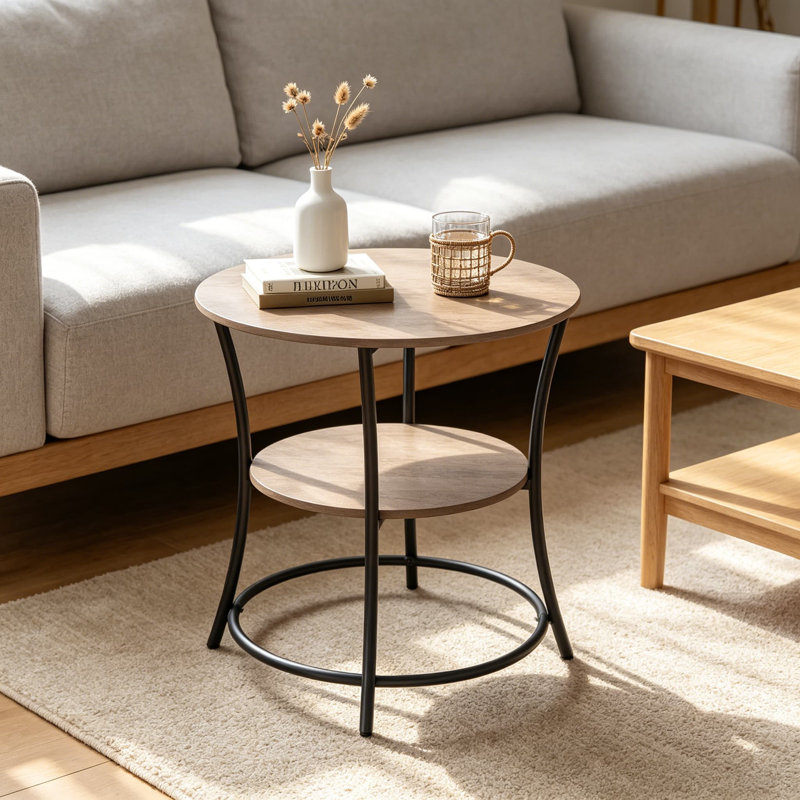 Table de bout ronde avec 2 tablettes de rangement, table d'appoint peu encombrante pour le salon, la chambre à coucher, la table de chevet avec structure en acier et pieds réglables, grège