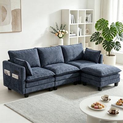 Ensemble de canapé moderne en chenille, canapé 3 places avec repose-pieds individuel assorti, mobilier de salon modulaire avec ports USB intégrés et poches latérales.