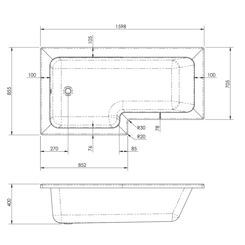 1600mm x 850mm Soaking Acrylic Bathtub, Left Hand